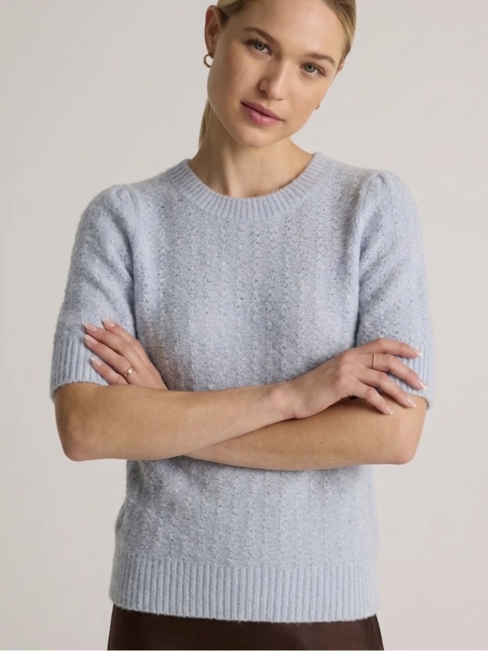COS Wool Blend Puff Sleeve Pointelle Sweater Womens Size Small Soft Baby Blue